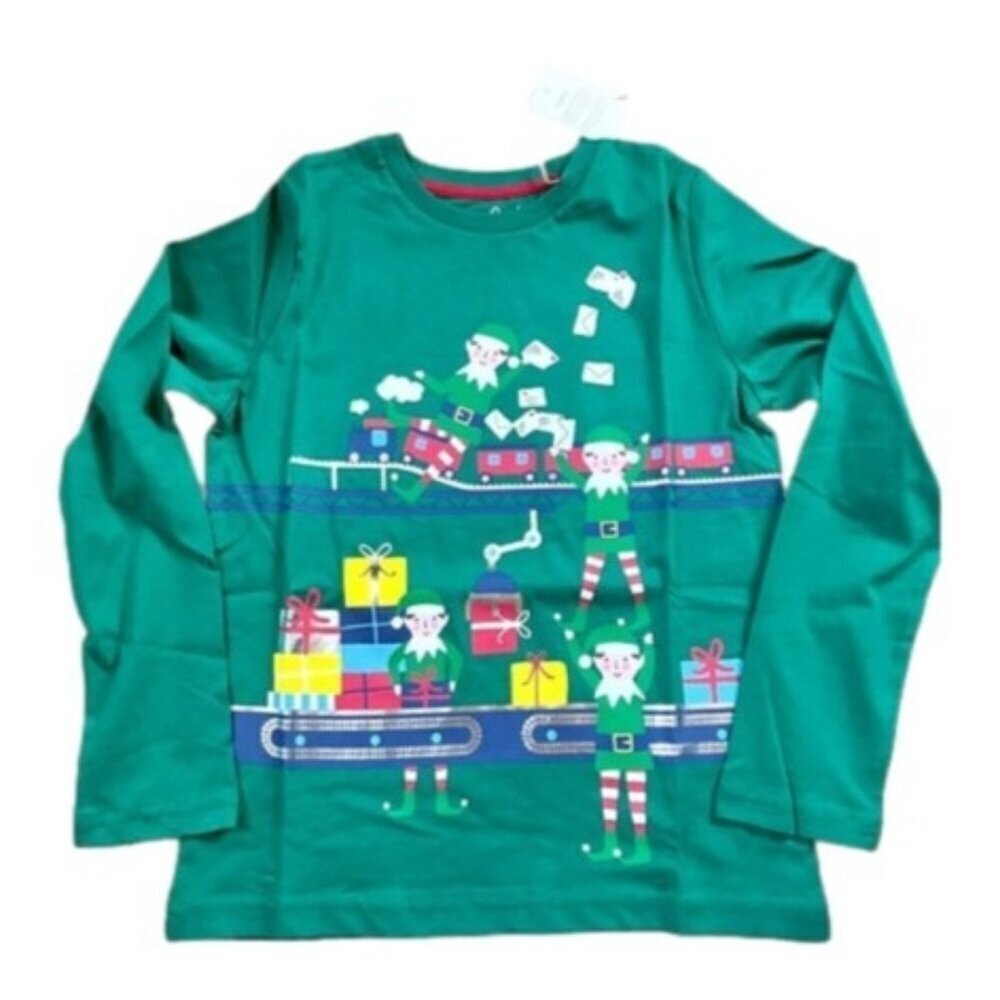 Mini Boden Green Long Sleeve Elf Factory Print Shirt Size 9-10 Cotton Kids